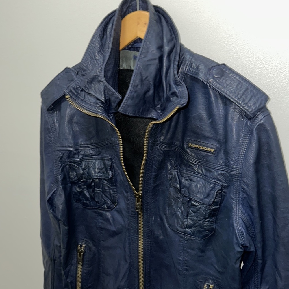 Superdry Men's Navy Leather Zip-Up Jacket